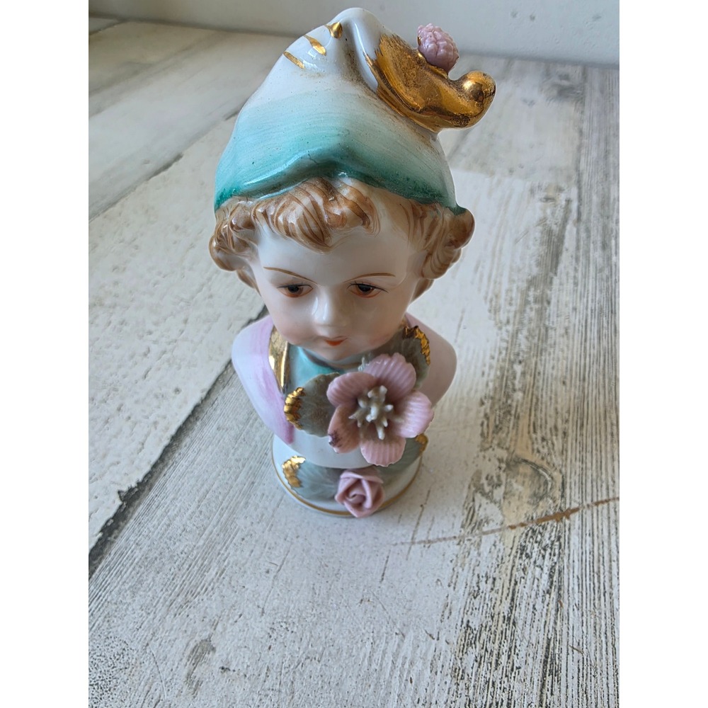 Vintage Victorian boy bust salt pepper shaker green unique decor statue figurine